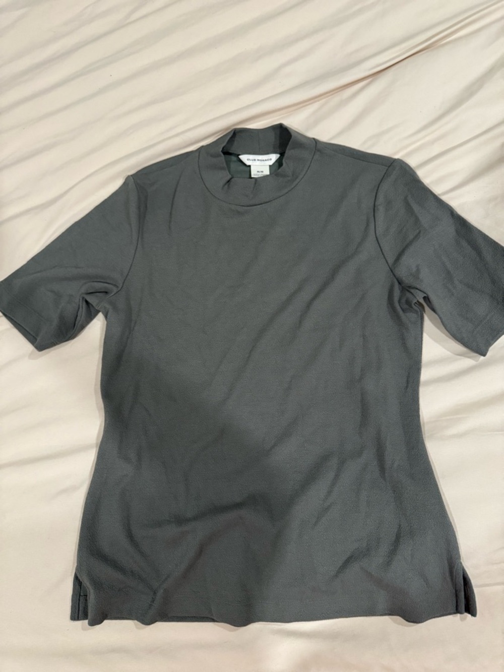 Woman’s Club Monaco Short Sleeve Mock Neck Tee in Dark Gray/Green